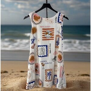 Paper Heart Shift Dress Women XS White Postcard Print Linen Blend Mini Sleeveles